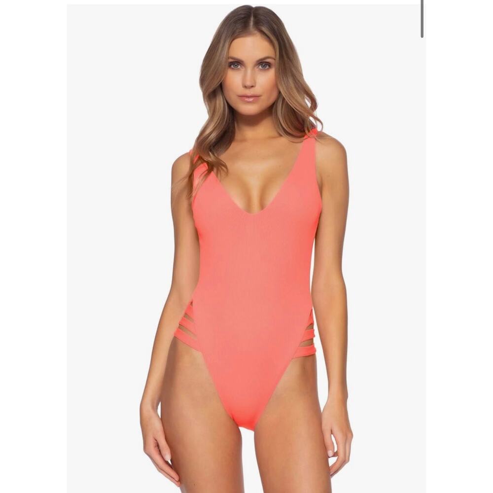Becca by Rebecca Virtue Sophie Neon Pink Ribbed Cutout One Piece Swimsuit, S